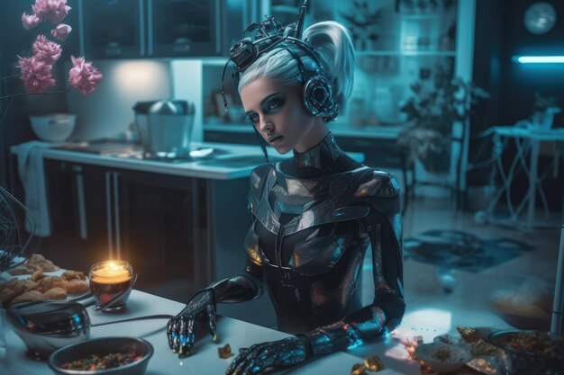 Sybernetic mujer androide ayudante La inteligencia artificial ayuda en la vida cotidiana Robot limpiador cocinar lavavajillas IA para la diversión y el entretenimiento futuro El humanoide se parece a un ser humano IA generativa