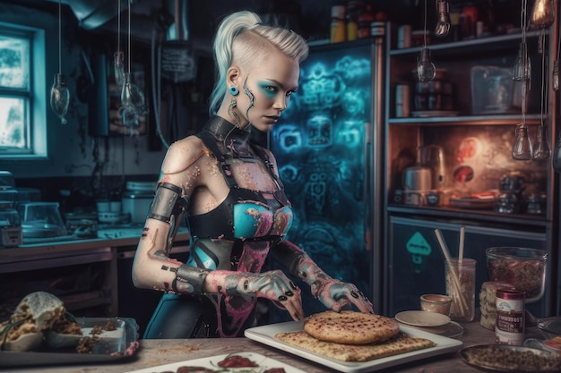 Sybernetic mujer androide ayudante La inteligencia artificial ayuda en la vida cotidiana Robot limpiador cocinar lavavajillas IA para la diversión y el entretenimiento futuro El humanoide se parece a un ser humano IA generativa