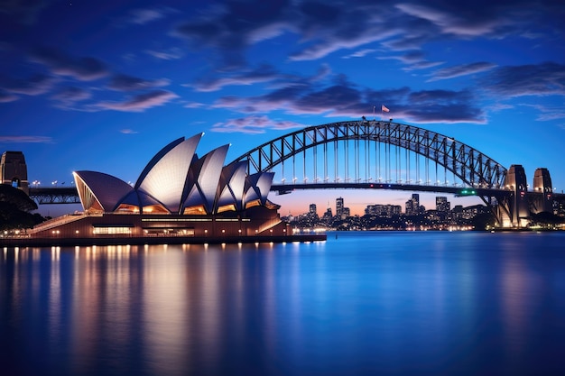 Sydney Opera House y Sydney Harbour Bridge por la noche Australia Sydney Opera House y el Sydney Harbour Bridge durante el crepúsculo Australia AI Generado