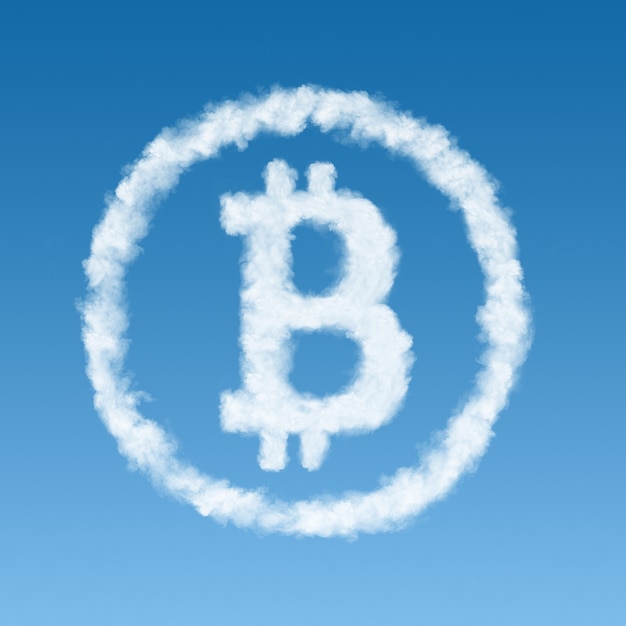 Foto symbol bitcoin aus einer weißen wolke auf blauem hintergrund, virtuelles geldkonzept.