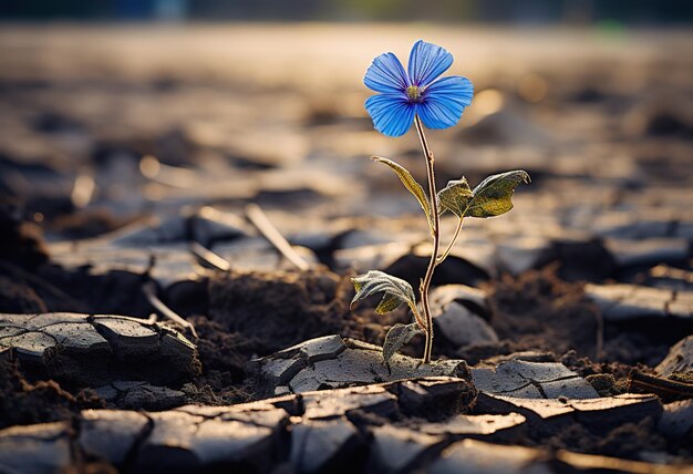 Symbol der Widerstandsfähigkeit eine einsame blaue Blume blüht in einer trockenen Wüste unter der untergehenden Sonne