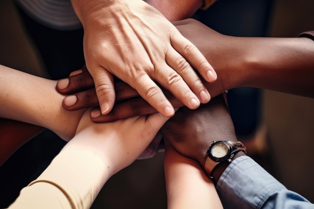 Symbol der Zusammengehörigkeit Vielfältiges Team von Händen, die zusammenhalten