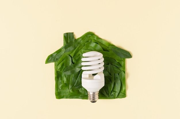 Symbol des grünen Hauses aus Blättern und einer Glühbirne von oben Öko-Energie- und Energiesparkonzept