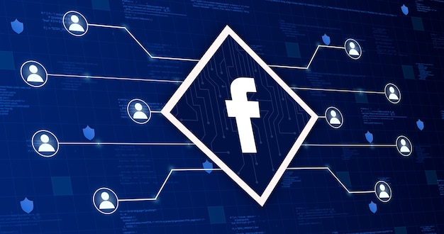 Foto symbol des sozialen netzwerks von facebook, das das system mit anderen benutzern auf einem technologischen hintergrund mit codeelementen 3d verbindet