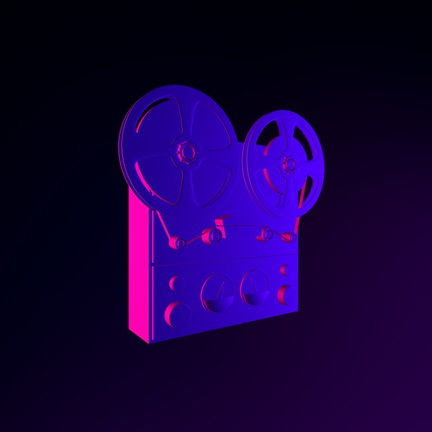 Symbol für Neon-Reel-Tonbandgerät. 3D-Rendering-UI-UX-Schnittstellenelement. Dunkel leuchtendes Symbol.