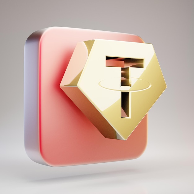 Symbol für Tether-Kryptowährung. Gold 3d gerendert Tether-Symbol auf roter Mattgoldplatte.