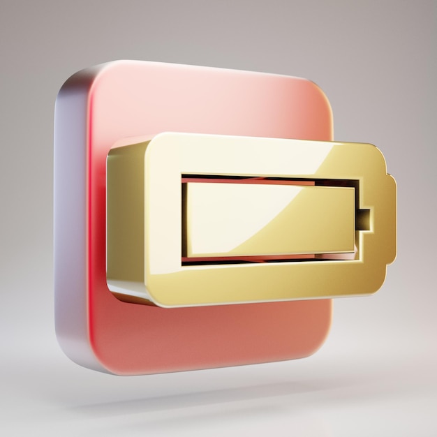 Foto symbol für volle batterie. goldenes symbol für volle batterie auf roter mattgoldplatte. 3d-gerendertes social media-symbol.