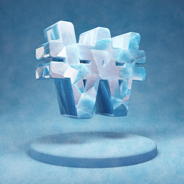 Symbol gewonnen. Gebrochenes blaues Eis gewonnenes Symbol auf blauem Schneepodest. Social Media-Symbol für Website, Präsentation, Designvorlagenelement. 3D-Rendering.