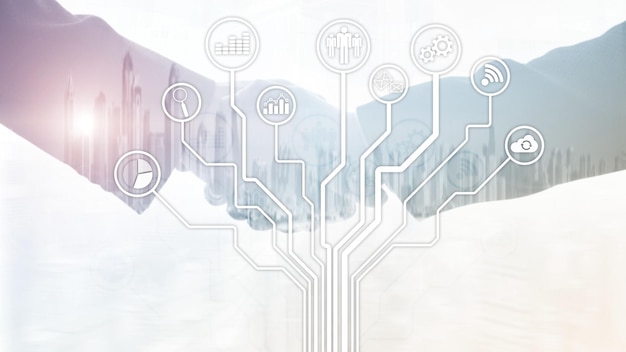 Foto symbole für geschäftsanwendungen auf verschwommenem hintergrund finanz- und handelskonzept für internet-technologie