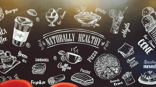 Symbole verschiedener Lebensmittel und Getränke mit Text an der Wand im Café