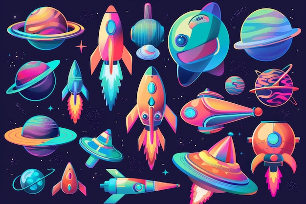 Symbole von UFOs, Raumschiffen, Raketen, Asteroiden, außerirdischen Shuttles, Zeichentrickfilme, moderne Illustrationen, ein Satz von isolierten fantasiehaften kosmischen Objekten, Elemente des grafischen Designs von Computerspielen