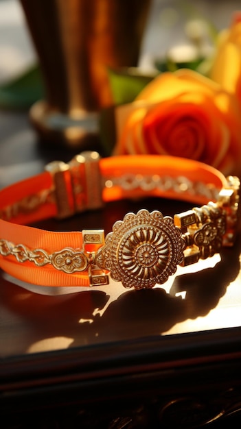 Symbolische Bindung Indisches Raksha-Bandhan-Armband, das anmutig auf einem Tisch ruht Vertikaler Mob