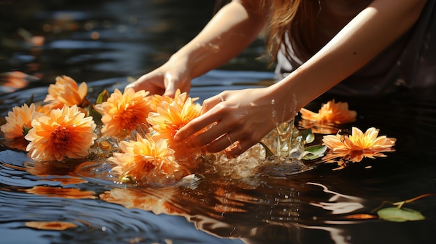 Symbolische Gedenkperson, die Ringelblumenblätter ins Wasser lässt
