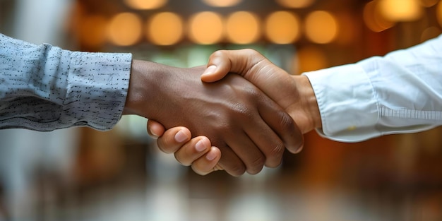 Symbolisierung von Partnerschaft und Zusammenarbeit Geschäftsleute schütteln sich in einem Büro die Hand Konzept Geschäftspartnerschaft Büro Zusammenarbeit Handschlag Foto Berufsbeziehung