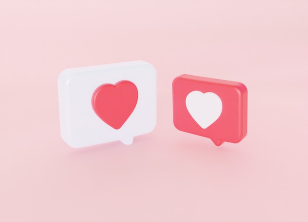 Symbolliebe wie Herz. Dialog in sozialen Medien auf rosa pastellfarbenem Wandhintergrund. 3D-Rendering
