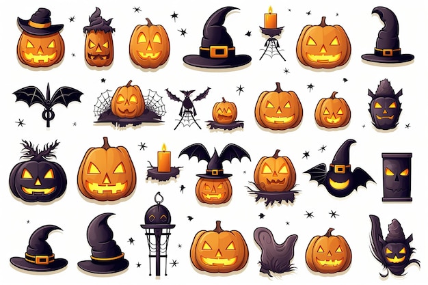 Symbolsätze von Halloween auf weißem Hintergrund Entdecken Sie eine gruselige Halloween-Welt mit Symbolen wie Kürbissen, Geistern, Hexen und Skeletten auf einem weißen Hintergrund, perfekt für Ihre Festlichkeiten