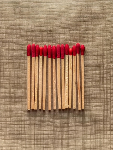 Foto symmetrische anordnung von hölzernen streichhölzern mit roten spitzen auf einer texturierten beigefarbenen oberfläche künstlerisch und