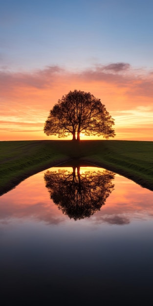 Symmetrische Reflexion eines Baumes bei Sonnenuntergang auf dem englischen Land