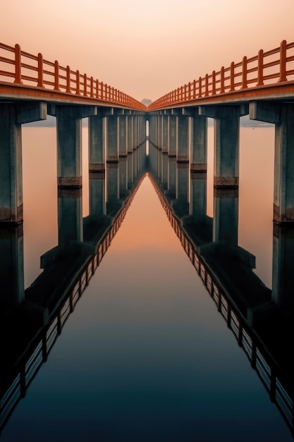 Foto symmetrische spiegelung einer brücke in ruhigem wasser, erstellt mit generativer ki