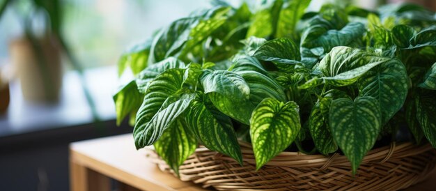 Foto syngonium auritum planta de casa com folhas verdes vibrantes em pote de vime no parapeito da janela