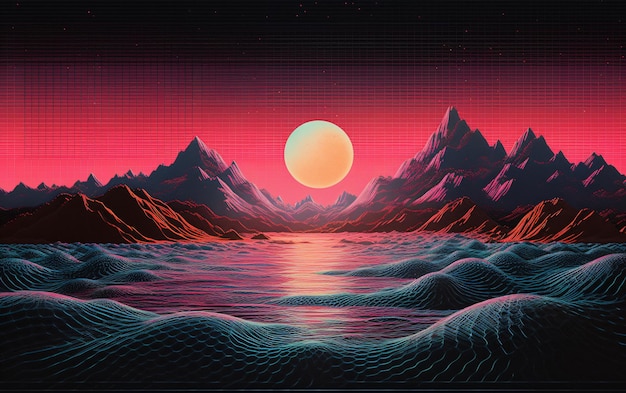 Synth-Wave-Landschaft im Stil der 80er-Jahre mit blauen Gebirgen und Sonne über Arcade Space Planet Canyon