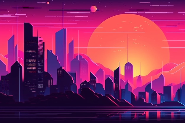 Synth-Welle Retro-Stadtlandschaftshintergrund bei Sonnenuntergang generative KI