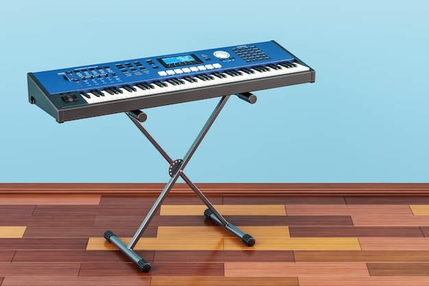 Synthesizer im Raum auf dem Holzboden 3D-Rendering