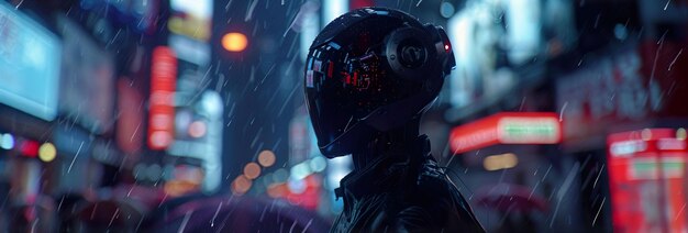 Synthetische Mensch synthetische Haut Mischung aus Mensch und Maschine navigieren durch eine Cyberpunk-Metropole Regen fällt Fotografie chromatische Aberration Pointofview Schuss