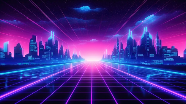 Synthwave 80s 90s Neon-Hintergrund Blau-Lila Retro-Cyberpunk-Illustration im sozialen Format von Instagram