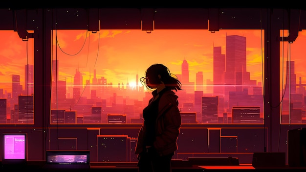 Synthwave anime manga garota lofi design de papel de parede de fundo