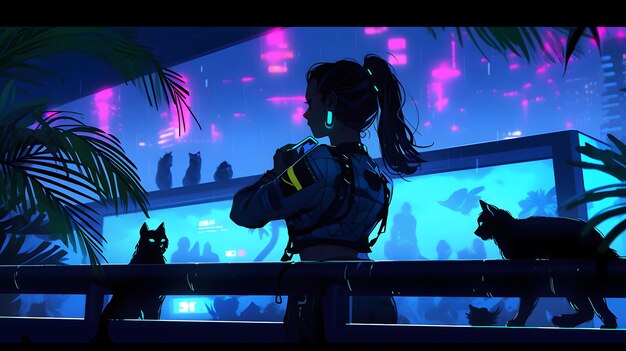 Foto synthwave anime manga garota lofi design de papel de parede de fundo