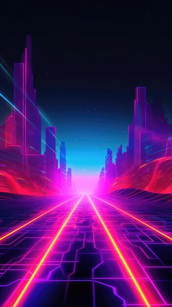 Synthwave de los años 80 y 90 de fondo de neón azul púrpura retro ciberpunk ilustración en formato social de Instagram