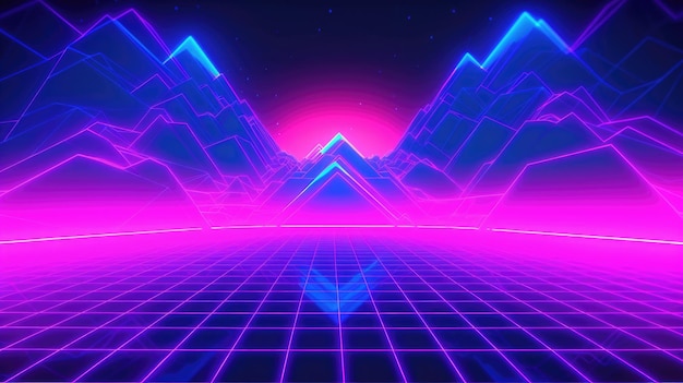 Synthwave de los años 80 y 90 de fondo de neón azul púrpura retro ciberpunk ilustración en formato social de Instagram