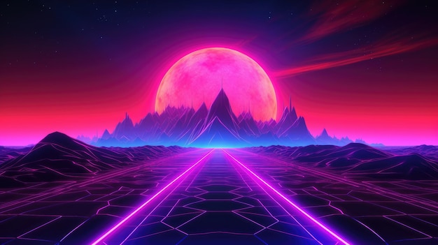 Synthwave de los años 80 y 90 de fondo de neón azul púrpura retro ciberpunk ilustración en formato social de Instagram