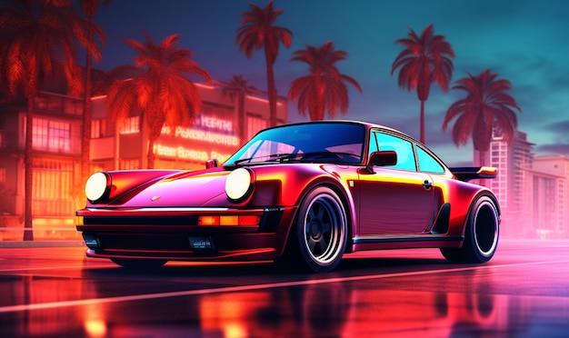 SynthWave Auto Palmen Neonfarben