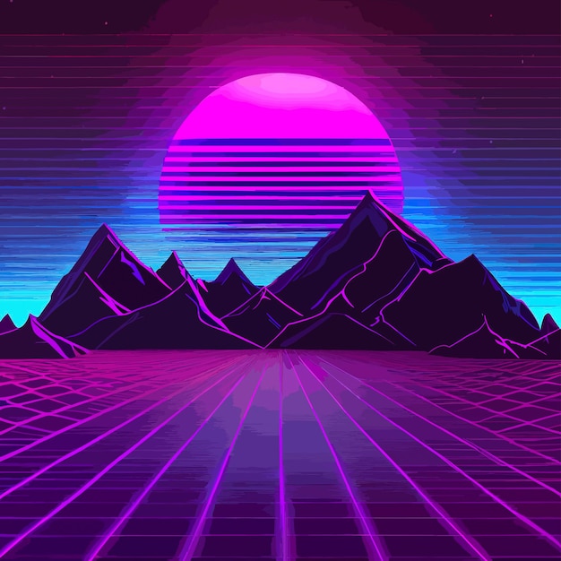 Synthwave diseño retro montañas y sol ilustración