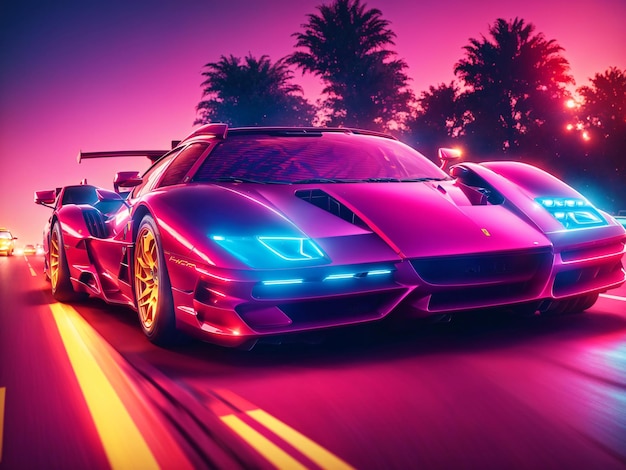 Foto synthwave ferrari fährt schnell 8k ultra hoch detail ultra 4k uberrealistisch knusprig erstaunlich qua