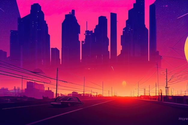 Synthwave futuristische Stadt Retro-Welle rosa Stadtillustration