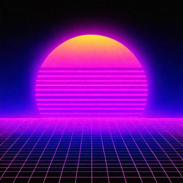 Foto synthwave-neon-retro-wellen-dampfwellen überwinden die landschaft im hintergrund