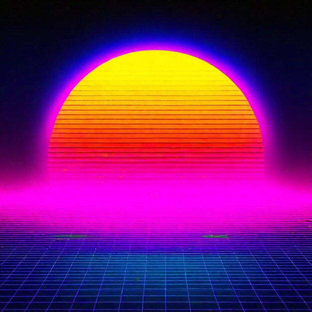 Foto synthwave-neon-retro-wellen-dampfwellen überwinden die landschaft im hintergrund