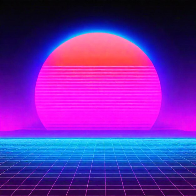 Foto synthwave-neon-retro-wellen-dampfwellen überwinden die landschaft im hintergrund