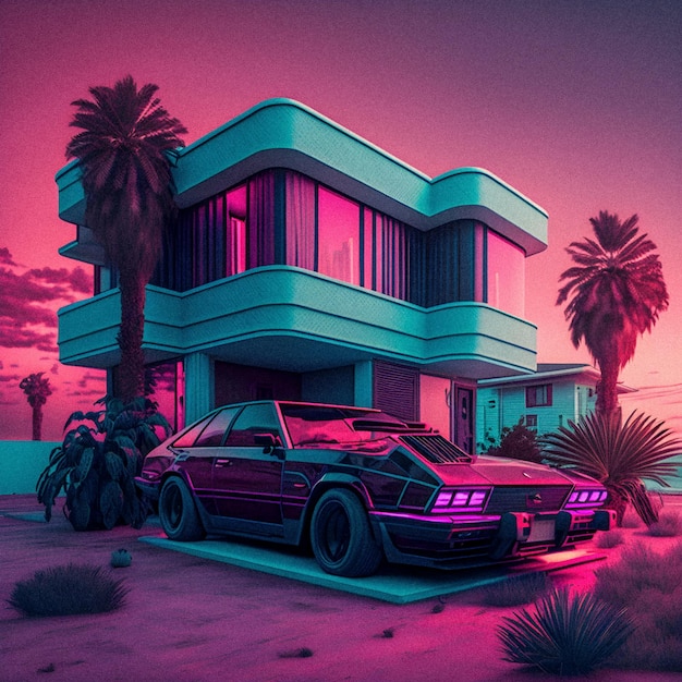 Synthwave Real Estate Retro Miami casa illustartion textura granular