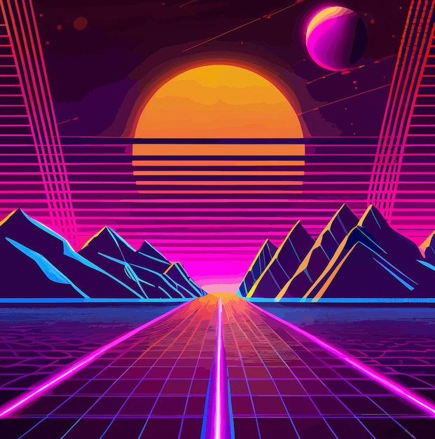 Synthwave-Retrodesignberge und Sonnenillustration