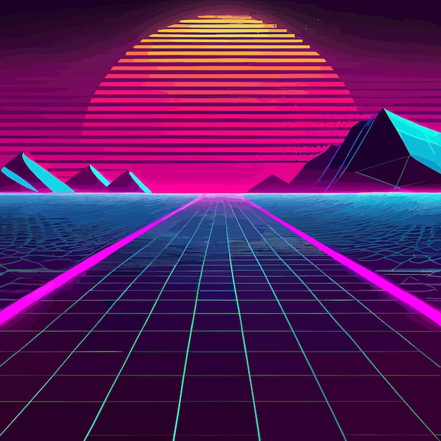 Synthwave-Retrodesignberge und Sonnenillustration