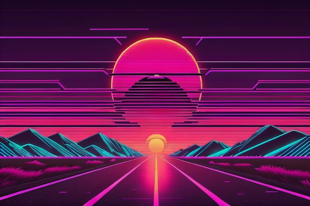 Synthwave road con montañas a su alrededor fondo de pantalla con ai generativo