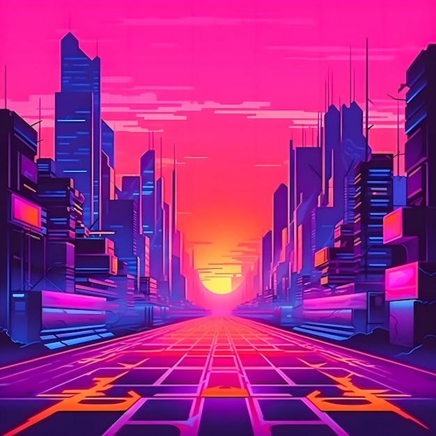 Synthwave Sunset Ilustración Cyberpunk Retro Neon Background con Easy Overlook