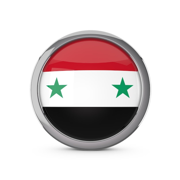 Syrien Nationalflagge in glänzender Kreisform mit Chromrahmen 3D-Rendering