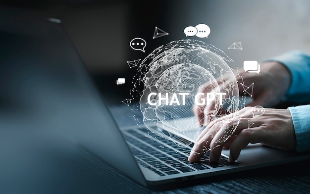 System Künstliche Intelligenz Chatbot Geschäftsmann mit Laptop oder Smartphone mit ChatGPT Chatbot KI-Technologie intelligenter Roboter Ai Chat GPT Anwendungssoftware Roboteranwendung Chat GPT