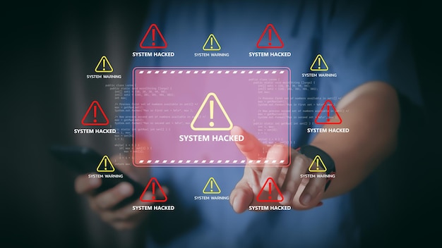 System warning alert on virtual interface with hand interaction Concept of cybersecurity risk data breach malware hacking IT failure and digital system vulnerability in modern technology