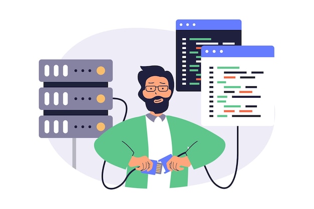 Systemadministrator Webkonzept mit flachen Cartoon-Menschen für Website-Design Mann überwacht Serverinfrastruktur macht Wartung, Aktualisierung und Optimierung Behebung von Code-Problemen Vektor-Illustration